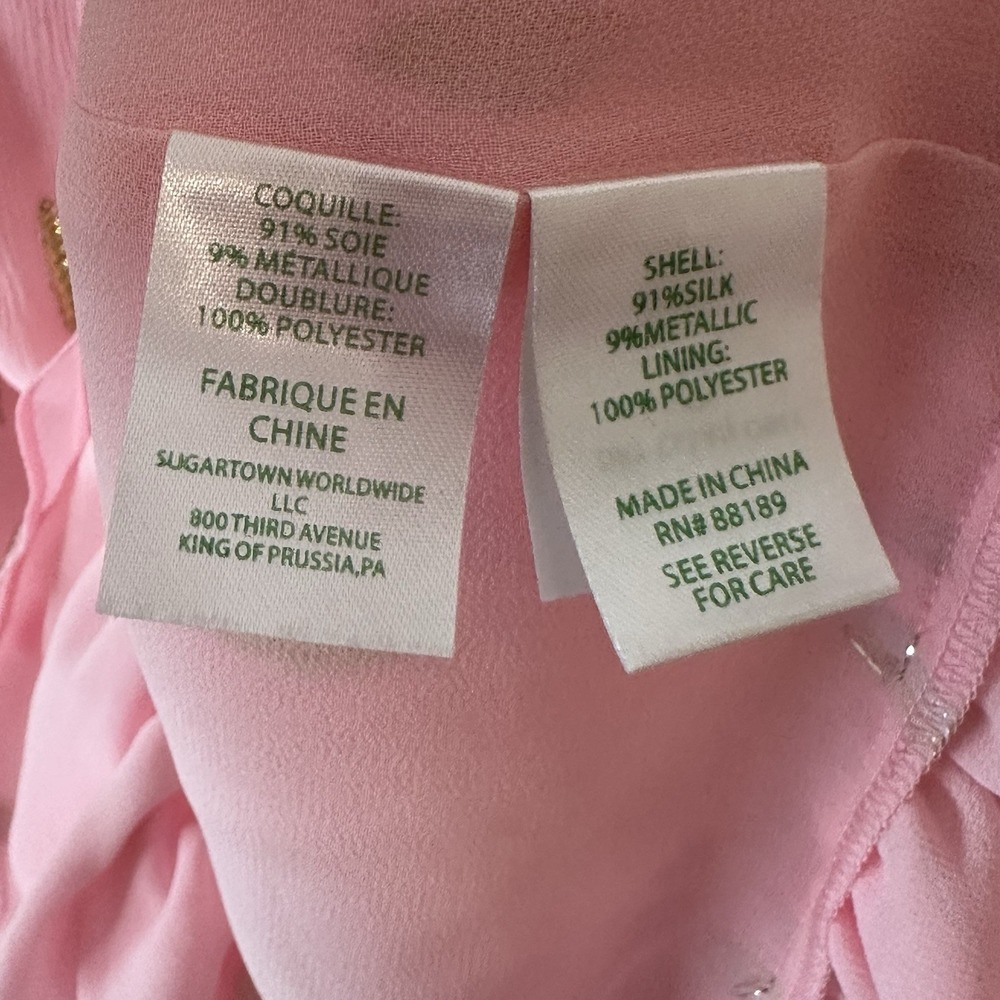 Lilly Pulitzer Tensley‎ Silk Top Pink Metallic Silver Gold Feathers Ruffles Sz S - Picture 11 of 15
